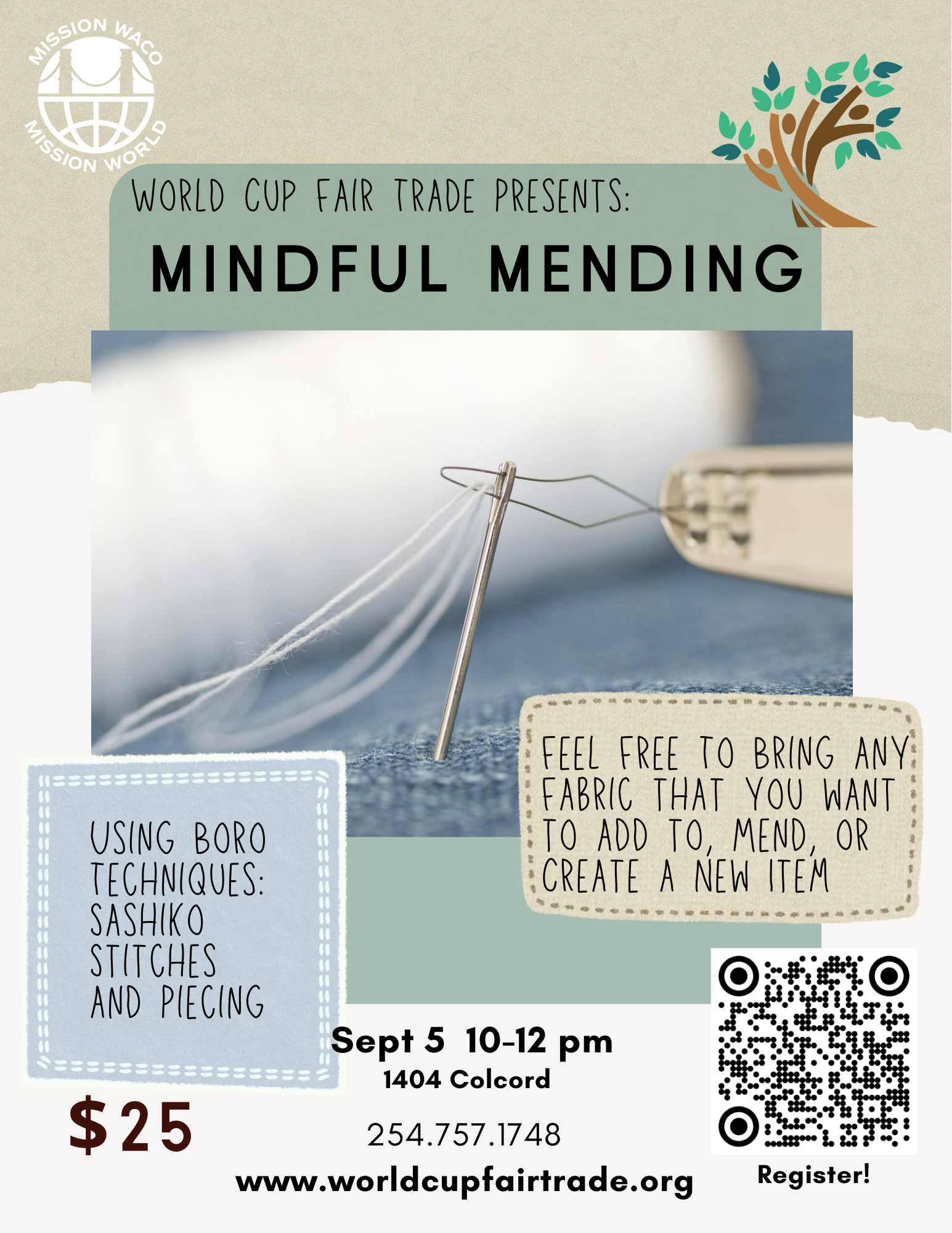 Fair Trade Workshop:   Mindful Mending  September 5 10-12pm